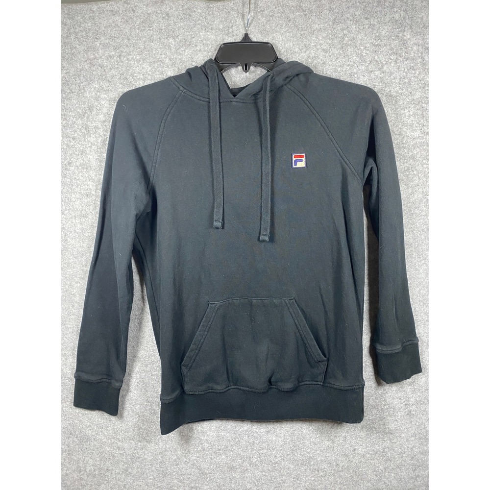 Fila Mens Pullover Hoodie Black Raglan Sleeve Big Logo Hood Sweatshirt Small